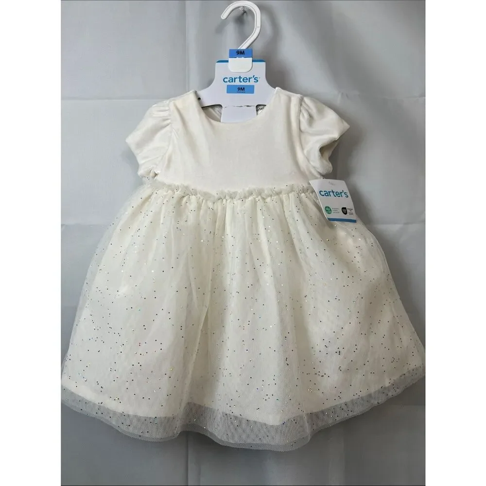 Carter’s ivory short sleeve tulle and glitter party dress 2 piece set NWT 9 mon